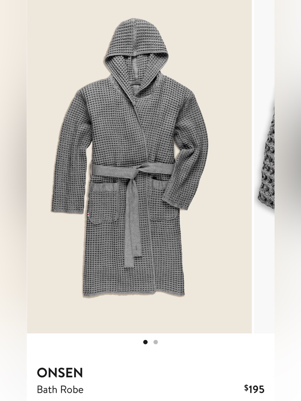 ONSEN Cinder Grey waffle robe with hoodie and waist belt
